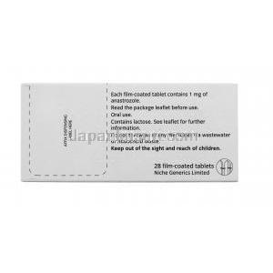 ジェネリックアリミデックス, アナストロゾール 1mg 28錠 箱 裏面 使用説明